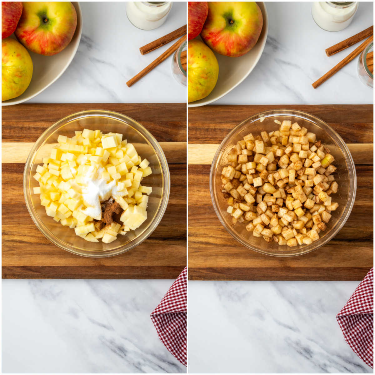 Step images of chopped apples with cinnamon in clear glass bowl on wood cutting board.