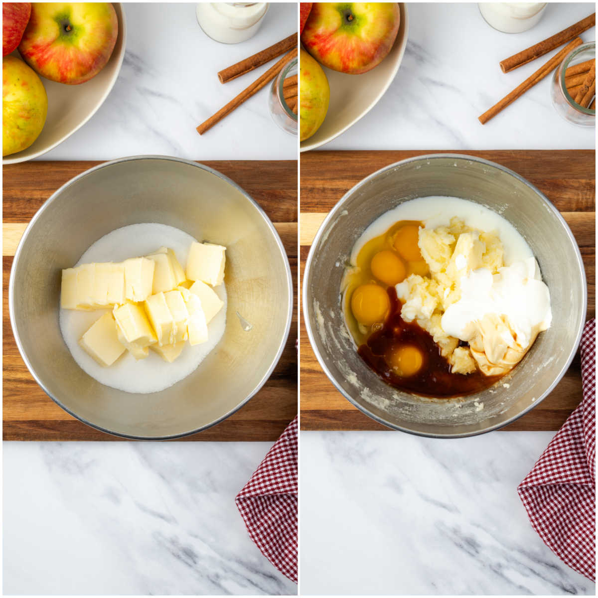 Step images making cake batter in metal mixing bowl.