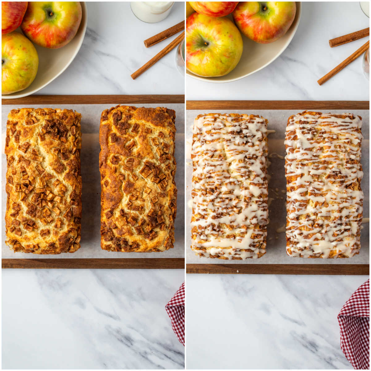 Step images adding icing on apple loaf cakes.