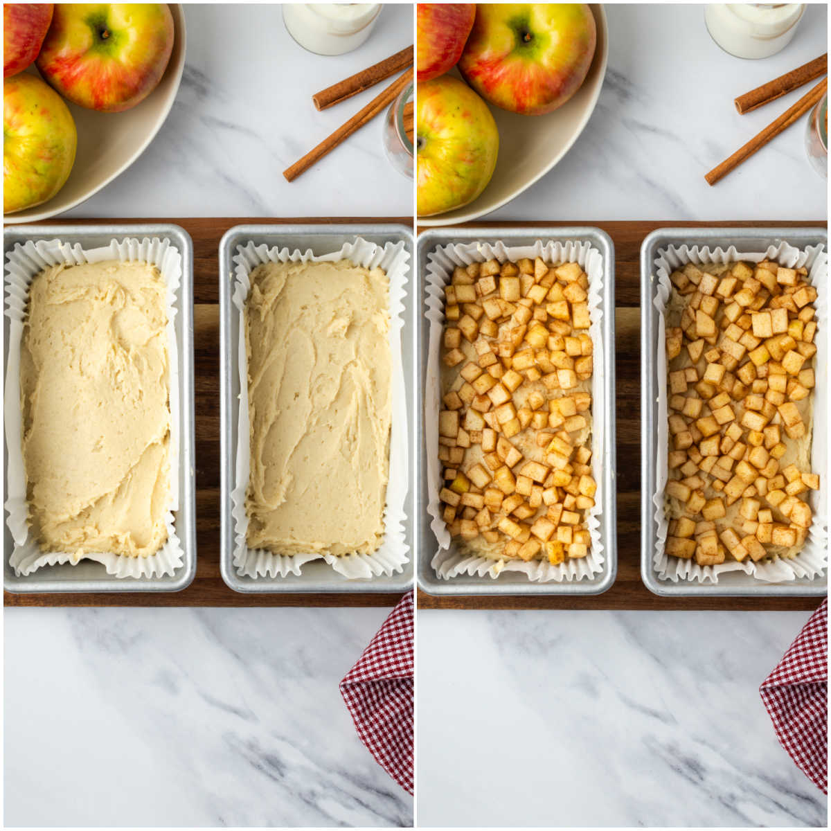 Step images with cake batter in metal loaf pans adding cinnamon apples on top.