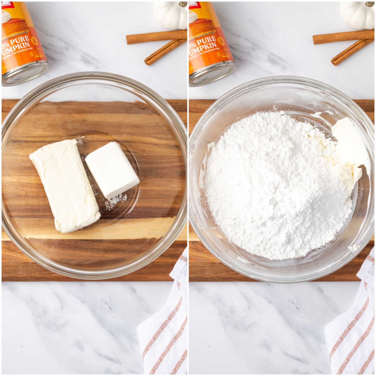 Step images making cream cheese frosting in clear glass bowl.