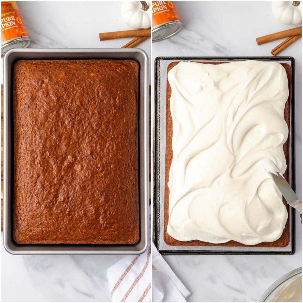 Step images adding cream cheese frosting to pumpkin cake in rectangle pan.