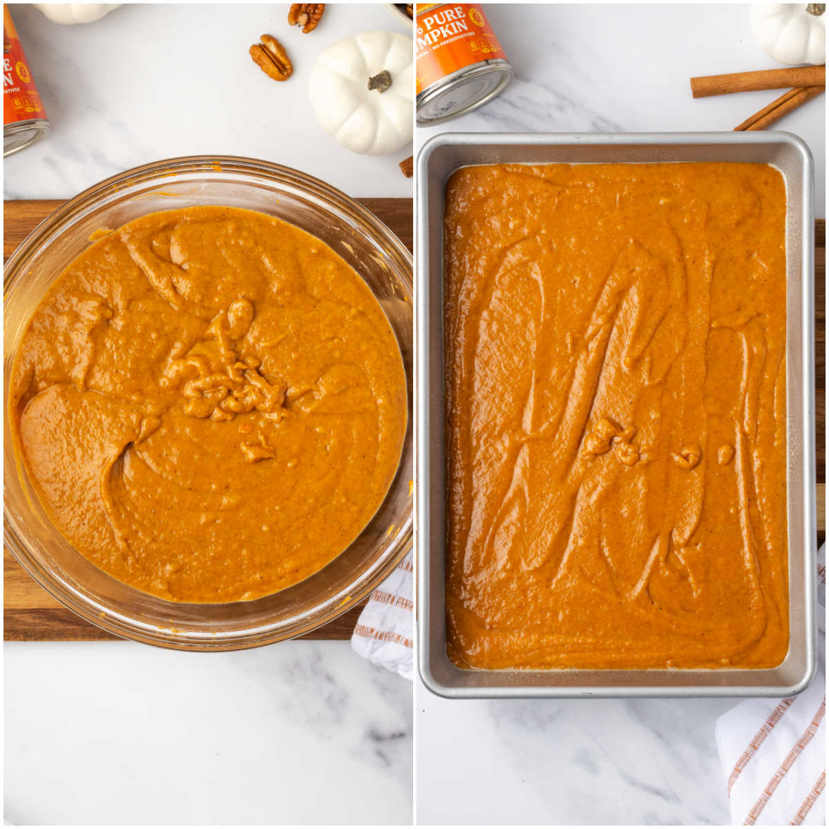 Pumpkin cake batter in baking pan.